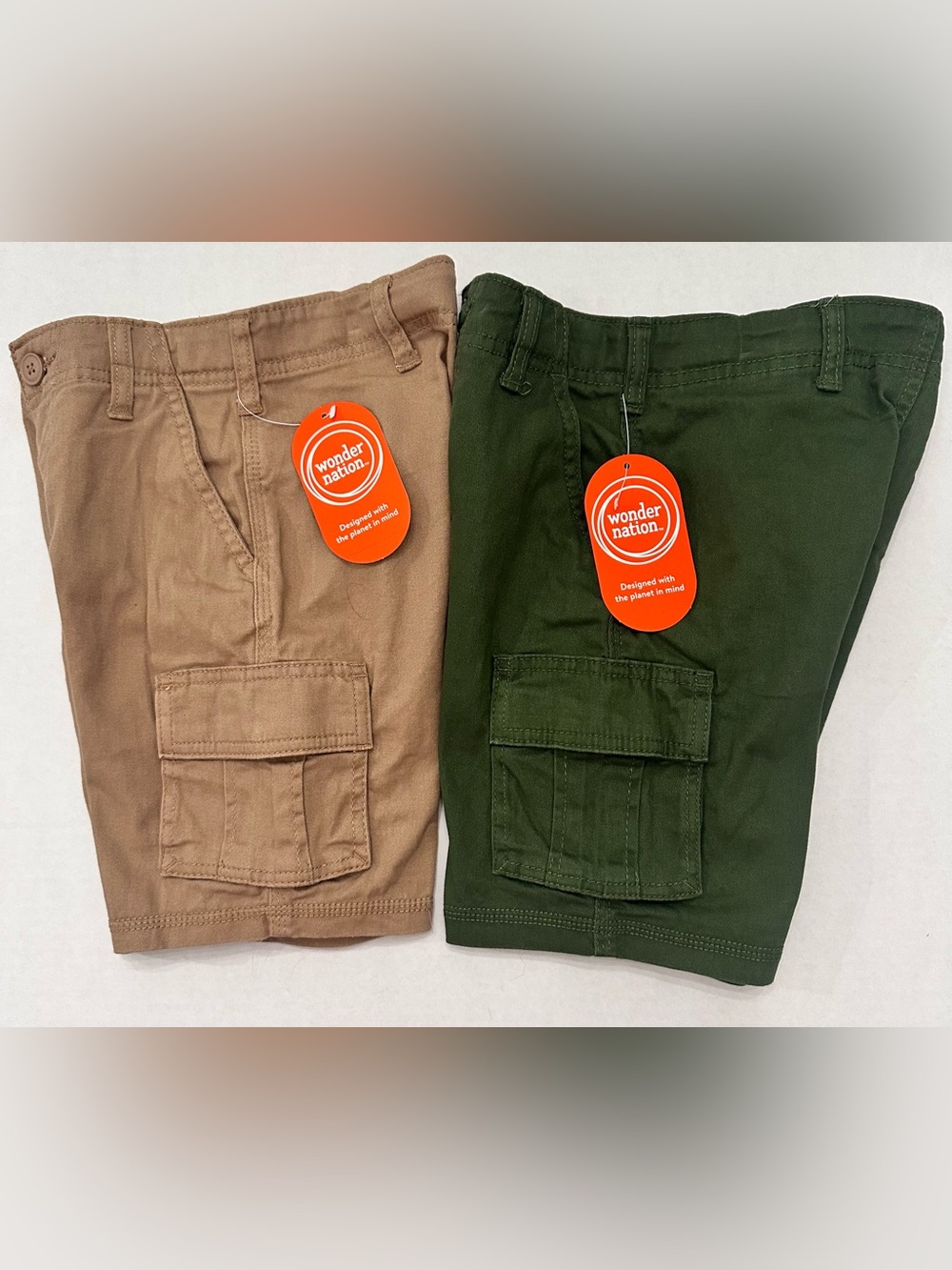 2 Pairs of Wonder Nation Boys Twill Cargo Shorts, 1 Green & 1 Khaki - Size 6 NWT